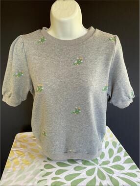Hayes Gray Embroidered Floral Sweater Knit Top Puff Sleeve Small Petite